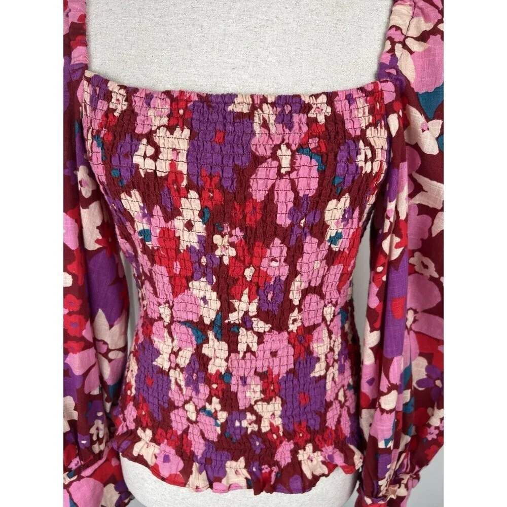 Free People Ariana Smocked Floral Top M Pink Red Balloon Sleeve Cottagecore